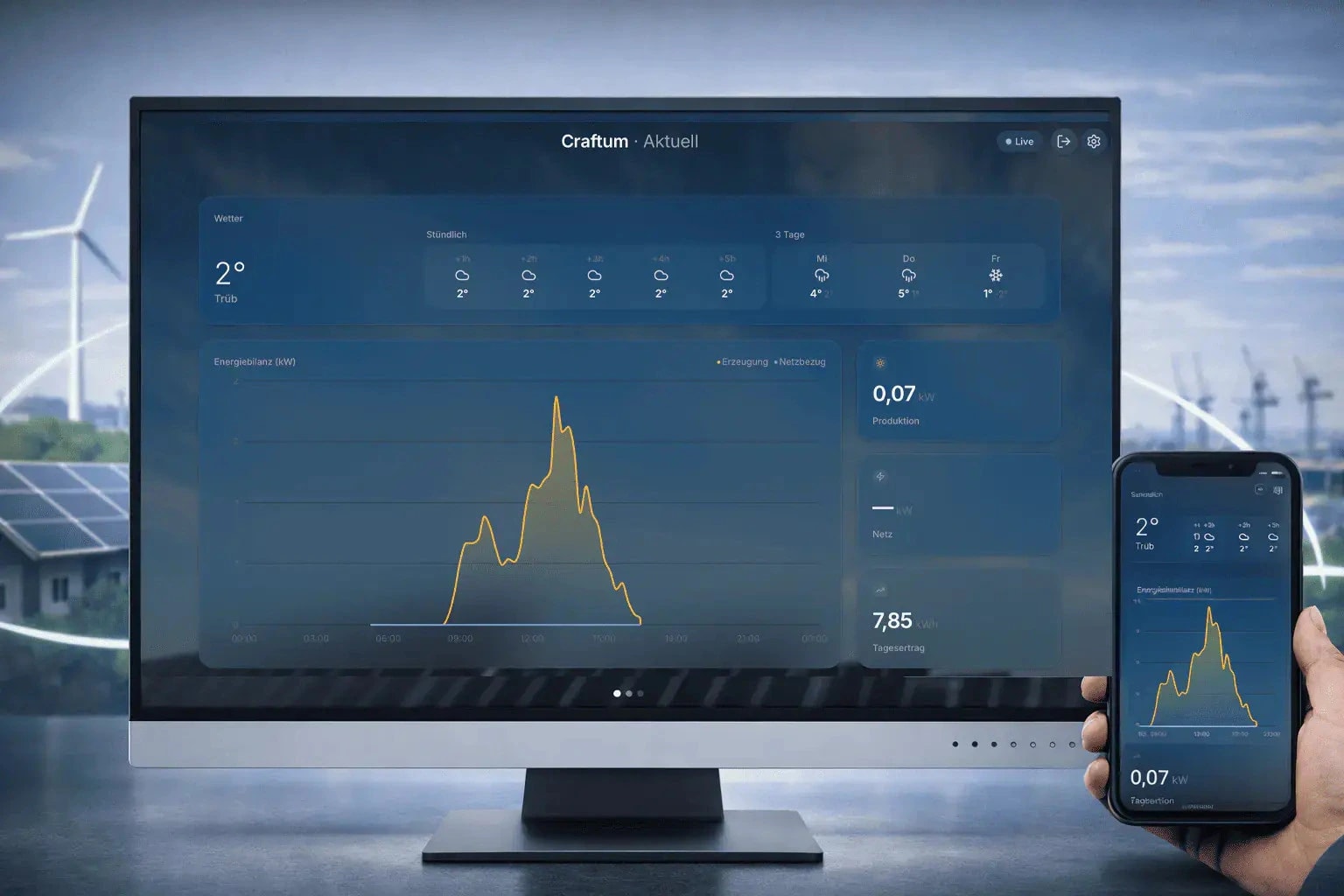 Monitoring-Dashboard mit Live-Erzeugung auf Monitor und Smartphone
