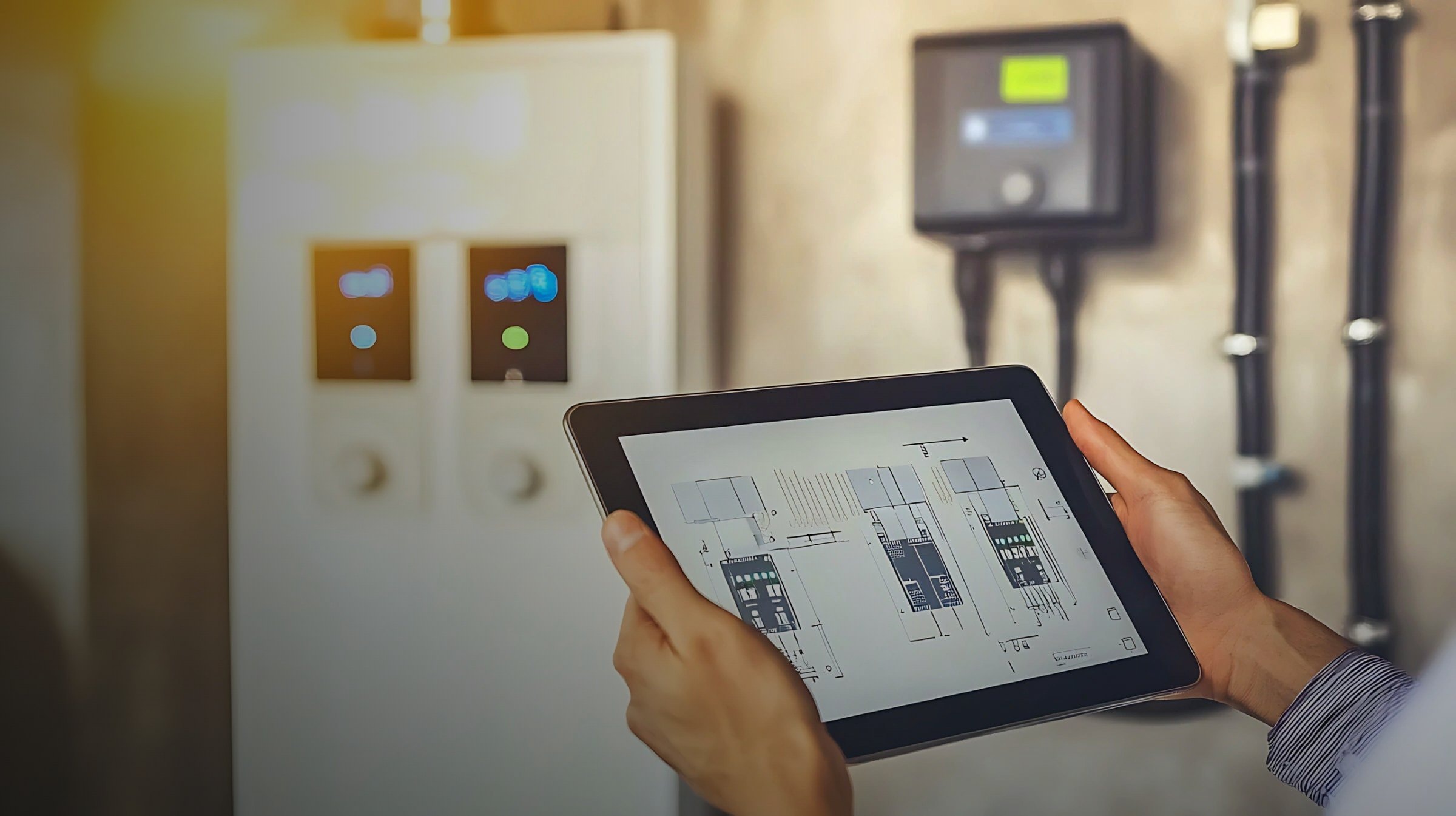 Servicetechniker prüft Wechselrichter und Speicher mit dem Tablet